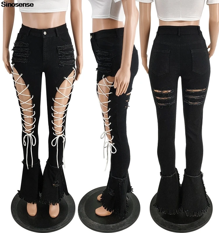 Damskie podarte jeansy dzwony z elastyczną talią, surowym wykończeniem, seksowne spodnie dżinsowe na co dzień, na randkę, na ulicę, do klubu nocnego, na imprezę, rozszerzane jeansy.