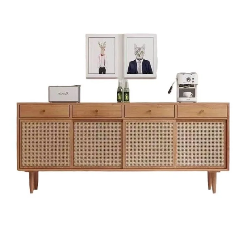 Nordic solid wood rattan dining side cabinet, simple modern storage cabinet, living room entrance rattan entry cabinet