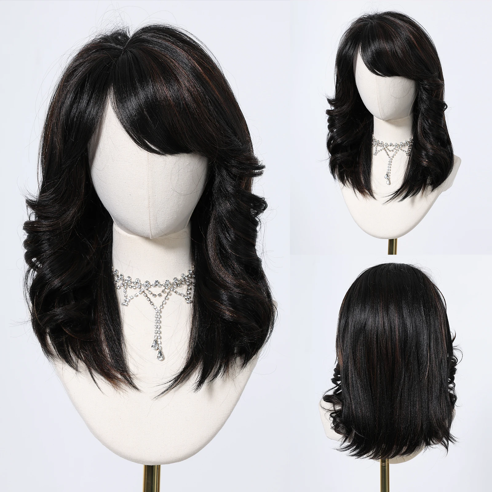 Black Highlight Synthetic Full Wigs with Bangs Layered Wavy Wigs Fluffy Soft Fake Hair Heat Resistant Yaki Wig Daily Party Wear