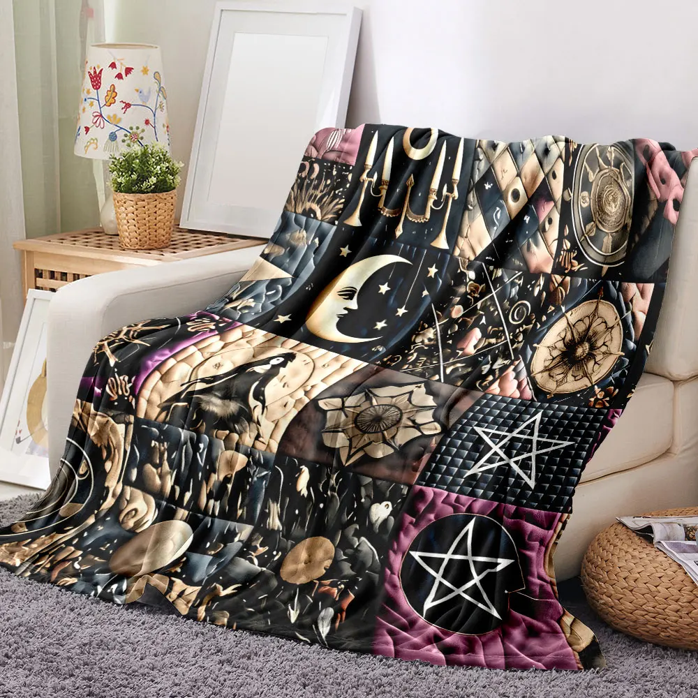 Gothic Magic Patchwork Throw Blanket -  Intricate Dark Art Tiles , Dark Gold/Beige/Pink Accents, Ideal for Mystic & Gothic Enthu