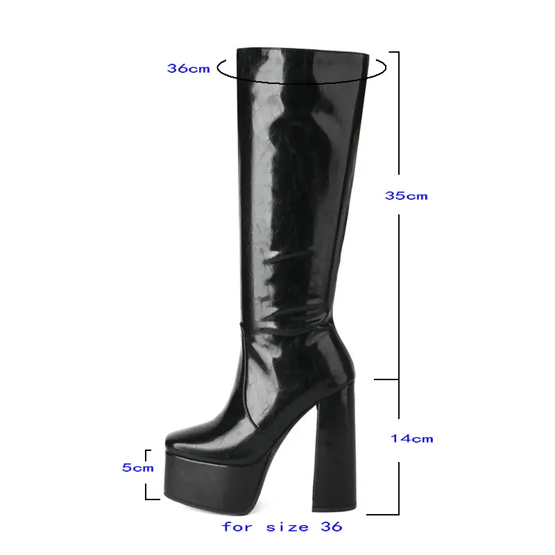 Black Red White Women Knee High Boots Platform Thick High Heel Ladies Calf Boots PU Leather Square Toe Side Zipper Dress Shoes