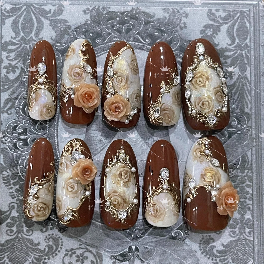 جودة عالية خمر المحكمة اليدوية طويلة القطع الناقص اضغط على مسمار رسمت باليد الزهور فراشة القط العين اللؤلؤ حجر الراين الأظافر وهمية #3