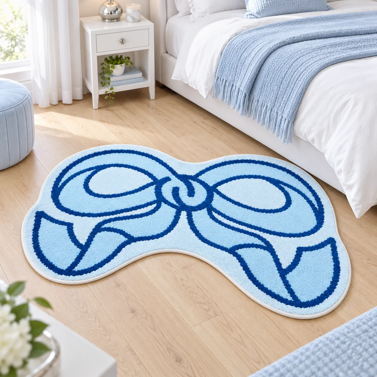 Blue Ribbon Bow Shaped Area Rug Dressing Area Floor Mat for Bedroom Nursery Dressing Room, Coquette Aesthetic Home Decor Gift