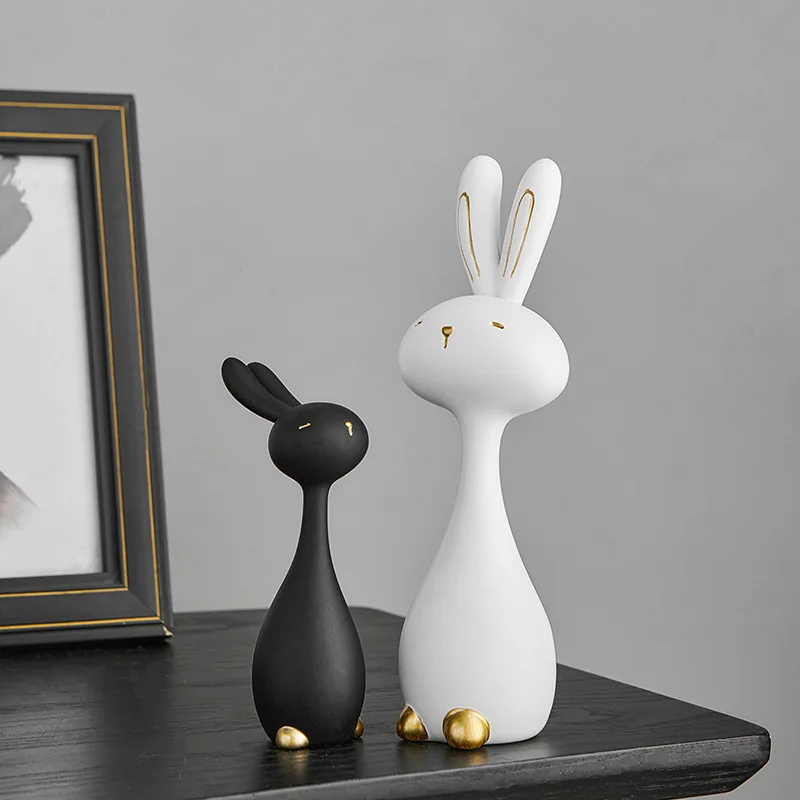 2Pcs Black White Resin Rabbit Figurines Set, Minimalist Modern Bunny Desktop Ornament, Unique Craft Decor Cute Warm Home Decor