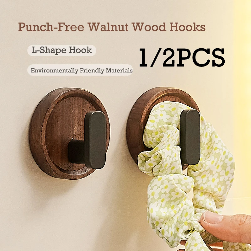 Punch-Free Walnut Wood Hooks Circular Wall Hooks for Hanging Clothes Keys Towels Bathroom Kitchen Wall Storage Hook Organizers