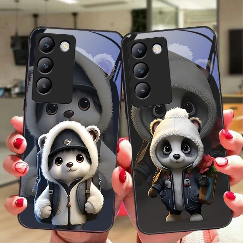 Cute little panda  For Y72 33S 11 03 36 96 Lite 35 16 Iqoo 12 V40 SE 5G 29 40 21 30 X80 Pro Vivo Tempered glass phone case black