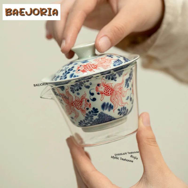 Blue And White Fish Algae Lotus Pattern Travel Tea Set Kit Retro 1 Pot 3 Cups Tea Brewing Organizer Portable Outdoor Stock Bags