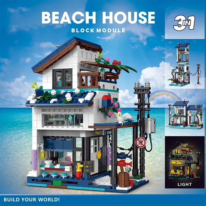 3 in 1 813Pcs Japanese City Street View Beach Villa Townhouse Retro Cabin with LED Light Building Block Set Toys for Kids Gifts