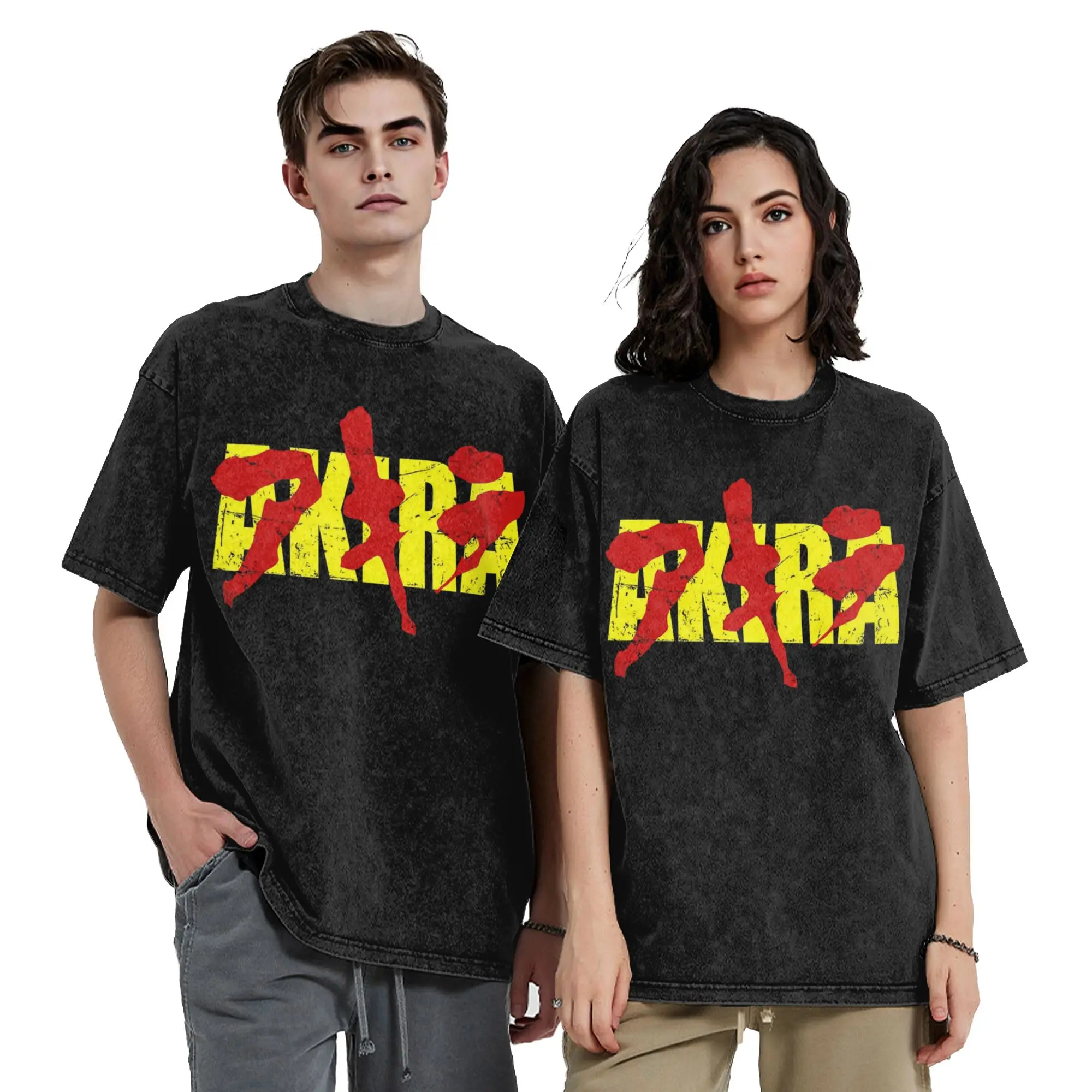 Washed T Shirt Kanji Calligraphy Bold Red Yellow Akiras Hip Hop T-Shirts Street Streetwear Printed Tops Tee Shirt Men Women