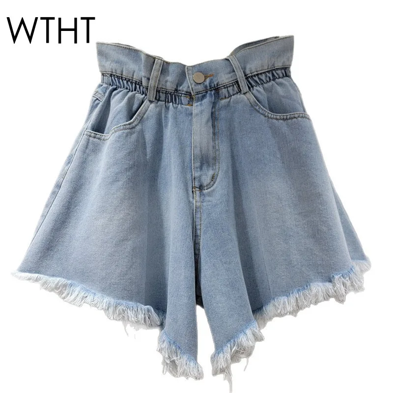 

WTHT новые модные женские джинсовые шорты с краями Burr Edge, лето 2021, модные эластичные короткие брюки трапециевидной формы с высокой талией и широкими штанинами, женские 1LS2059