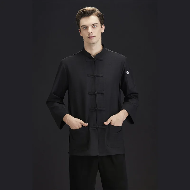 Uniforme da chef del vento Autunno e inverno Bottoni con nodo cinese a maniche lunghe in cotone e lino Cucina del ristorante dell'hotel da uomo Res cinese