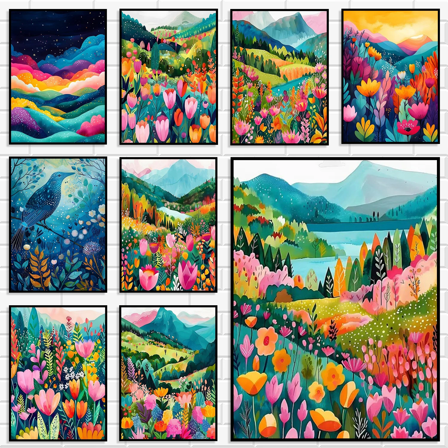 Pastel Floral Mountain Canvas Prints Wildflower Lake Hills Bird Colorful Landscape Nordic Boho Minimalist Home Decor Poster