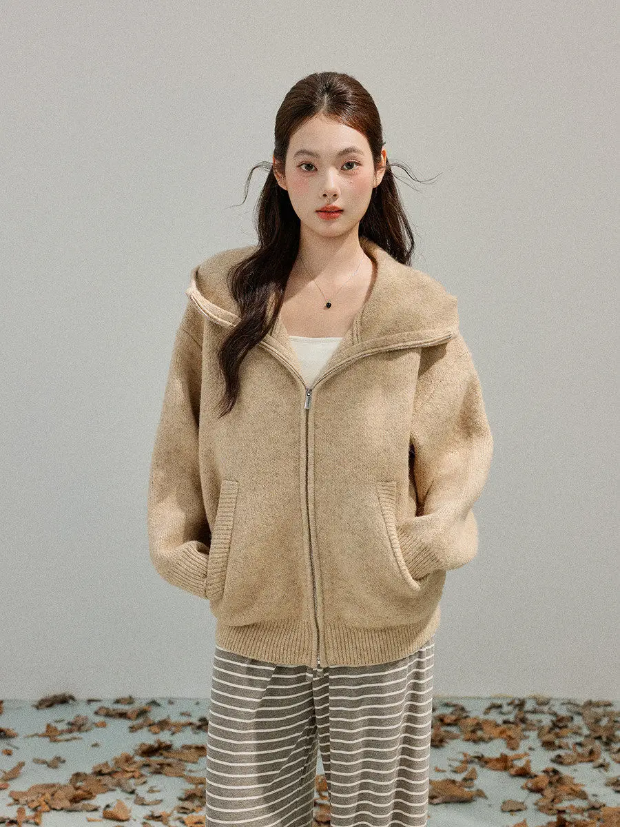 

Вязаный свитер цвета хаки на молнии, женский повседневный свободный крой, осенне-зимнее пальто Lin Yunyun, мягкая удобная длинная толстовка с капюшоном све