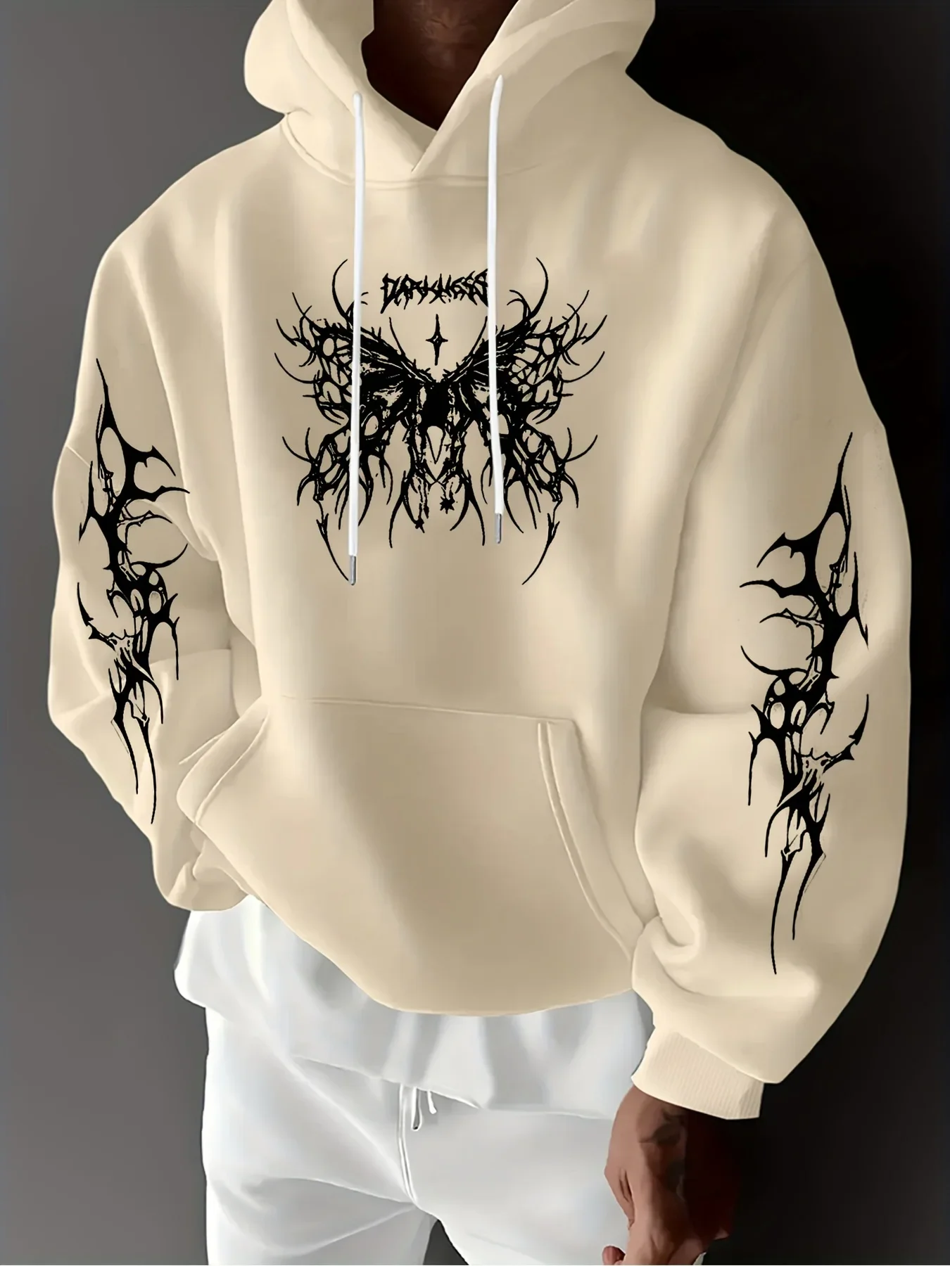 Punk Dark Street Men Hoodie Front Chest & Both Sleeves Gothic Print Y2K Edgy Trendy Loose Oversized Autumn Winter Fleece Lined - view 3