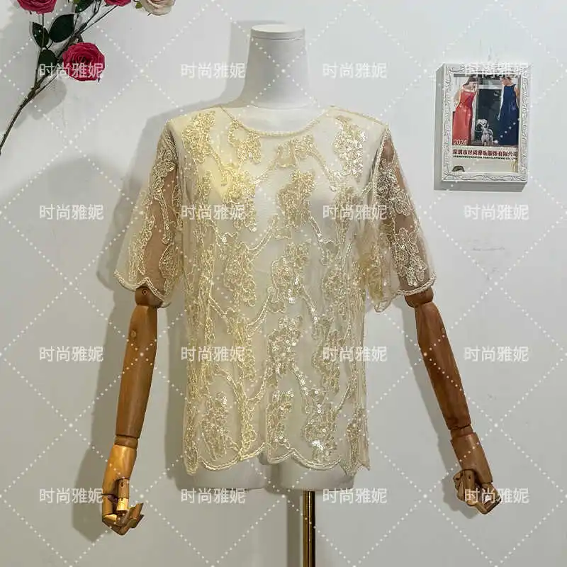 European Style Sequin Bead Translucent New Chinese Short-Sleeved Shirt See-through Round Neck T-shirt Aesthetic Clothes Female