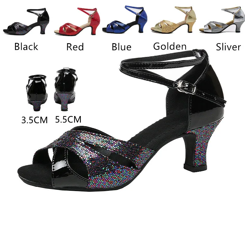 Glitzernde lateinamerikanische Tanzschuhe für Damen, Gummi-Wildledersohle, Ballsaal-Tango-Tanzschuh, Salsa-Party-Tanzschuhe, niedriger Absatz, 3,5 cm/5,5 cm