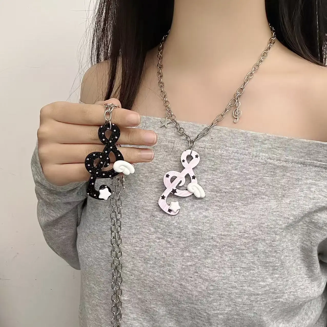 Y2K Harajuku Musical Notes Heart Pendant Necklace for Women Korean Trendy Chain Necklace Sweet Cute Bag Charms Keychain Jewelry