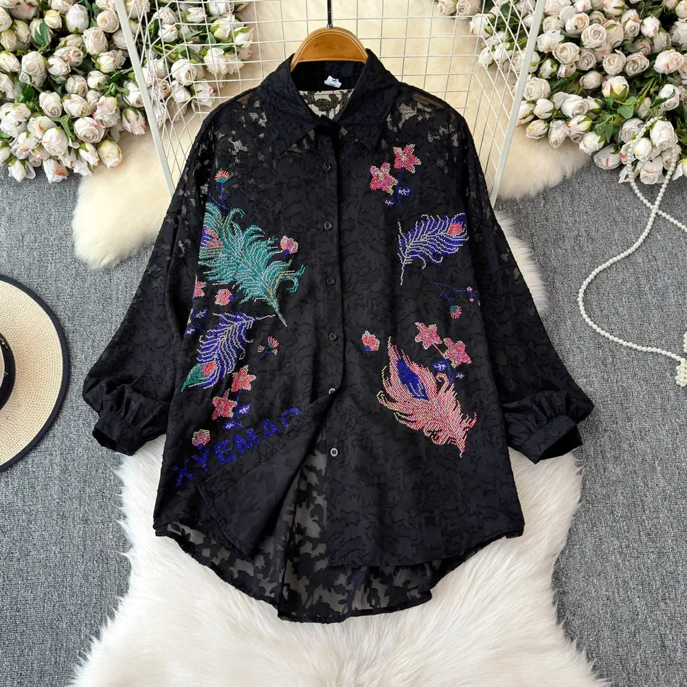 Basics Puff Sleeves Polo-neck Chic Rhinestone Sequin Embroidered Single Breasted Loose Mesh Top High Street Autumn Women Shirts