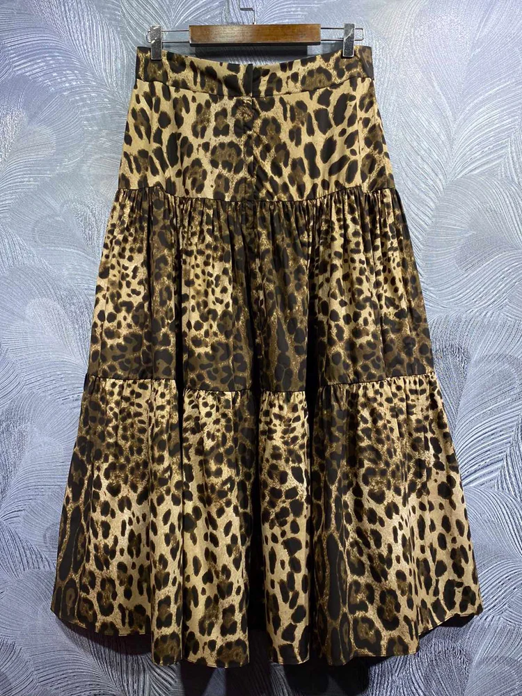 SEQINYY-Saia vintage com estampa leopardo A feminina, design de passarela, 100% algodão, alta qualidade, primavera, verão, nova moda