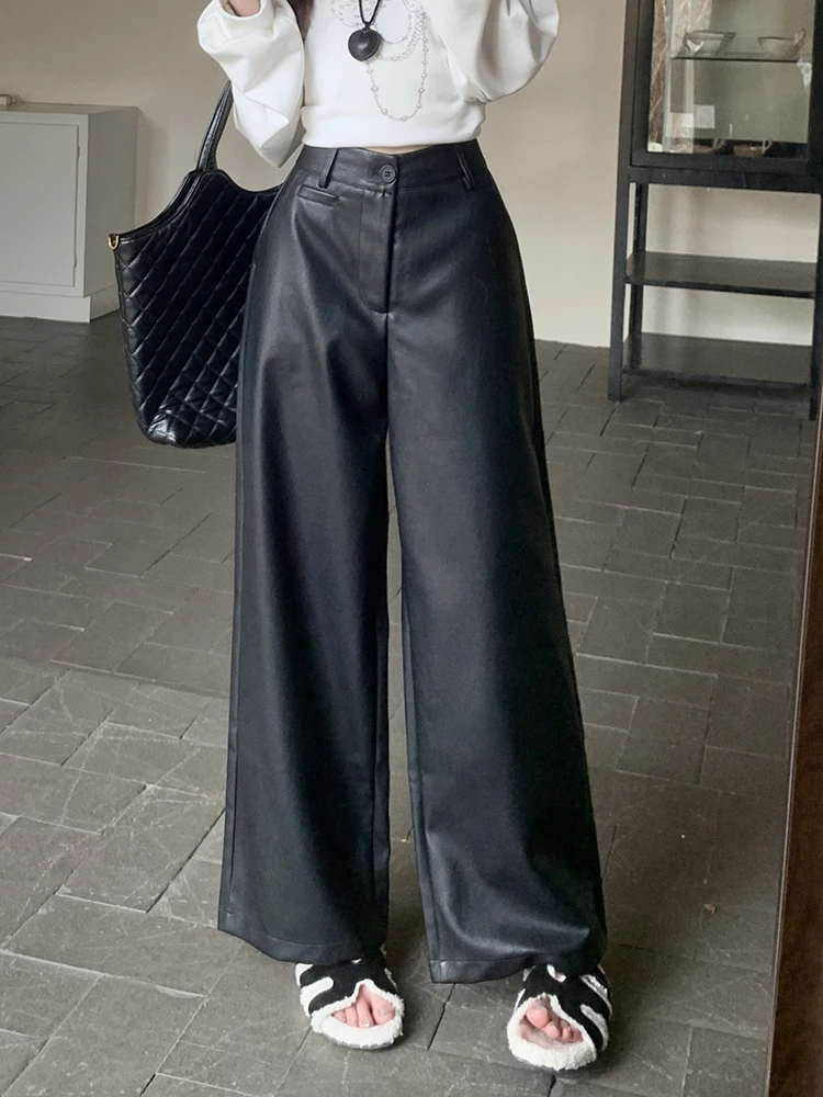 Vintage Micro Flare PU Leather Pants Women Casual Ankle-Length Pants Loose Wide Leg High Waist Autumn Winter Pants Pocket Pants