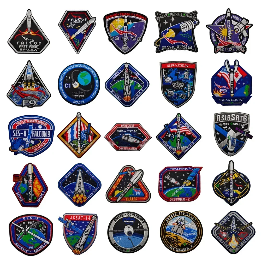 CRS Space Station Morale Badge Embroidery Hook and Loop Blue Rocket Embroidered Military Patches NASA Tactical Backpack Stickers