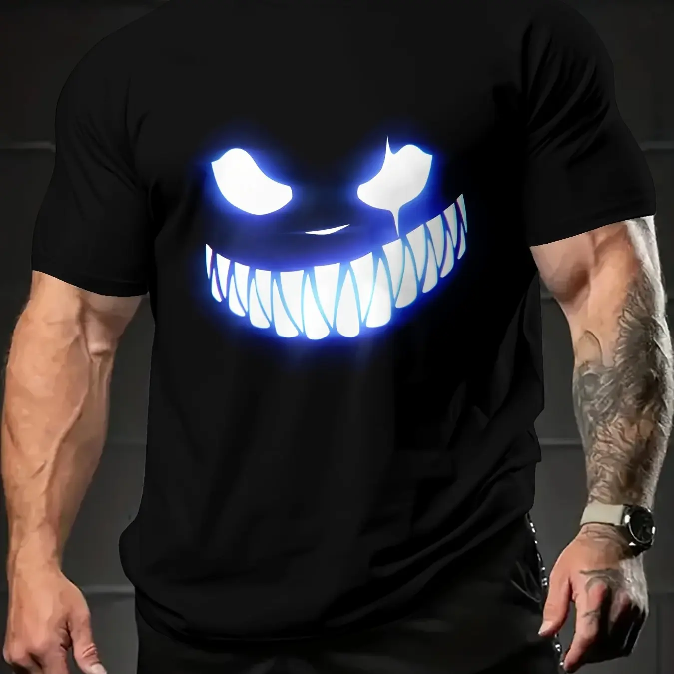 

Men's Glow-in-the-Dark Evil Smile Graphic T-Shirt Scary Grinning Face Halloween Themed Design Luminous Print Perfect for Parties