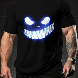 Men's Glow-in-the-Dark Evil Smile Graphic T-Shirt Scary Grinning Face Halloween Themed Design Luminous Print Perfect for Parties