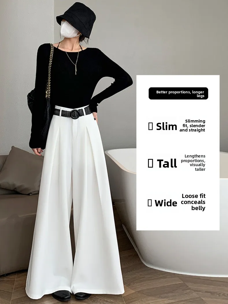 Gray A-Line Wide Leg Pants Women's Spring Autumn High Waist Slimming Hip Covering Loose Casual Straight Floor-Length Pants