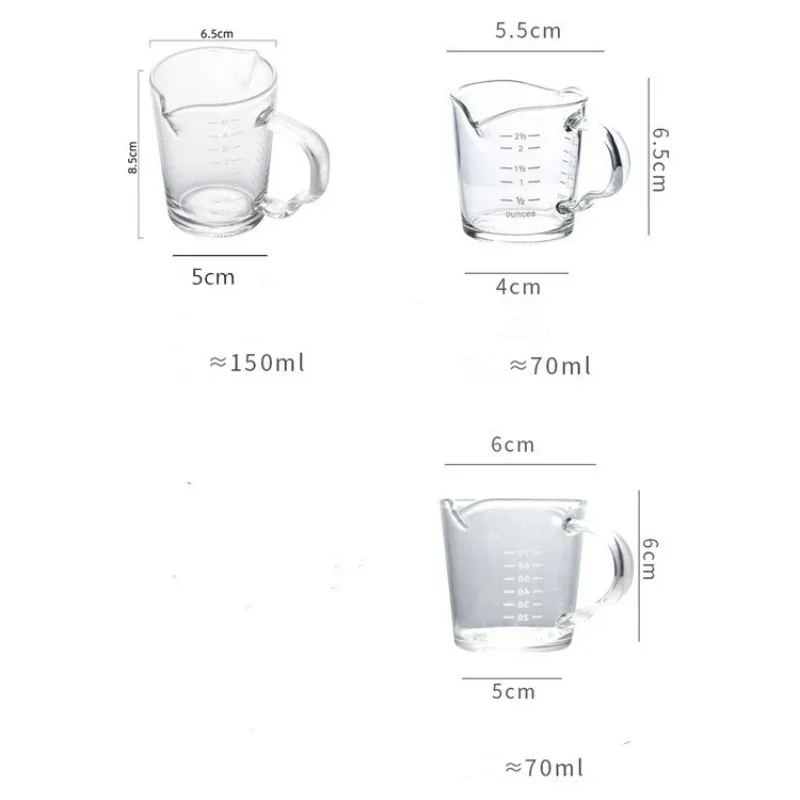 70/150ml Espresso Shot Glass Doppio beccuccio Misurino Manico resistente al calore Scala trasparente Vino Latte Caffè Misura Brocca
