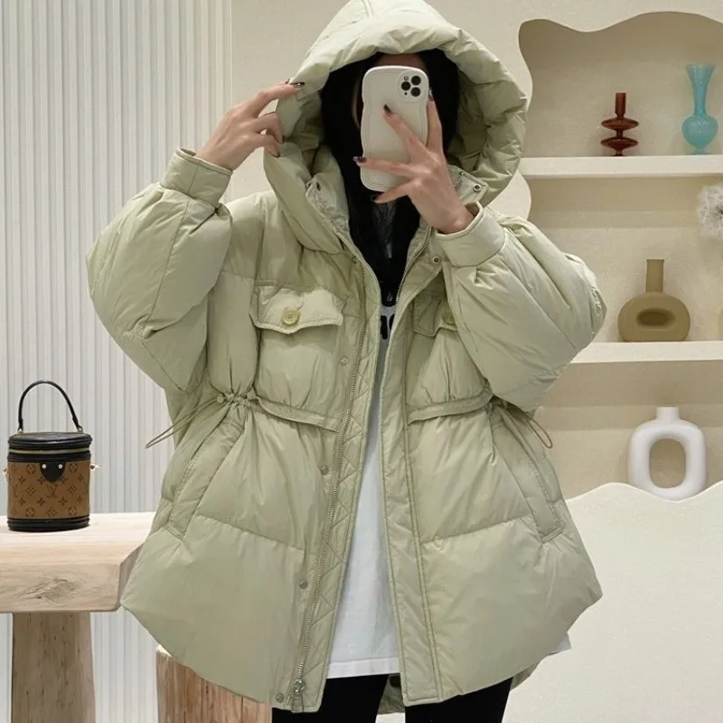 

2024 Winter Women Hooded Parka Thick Warm 90% White Duck Down Coat Bread Puffer Jacket Female Candy Colors Warm Snow Outwear