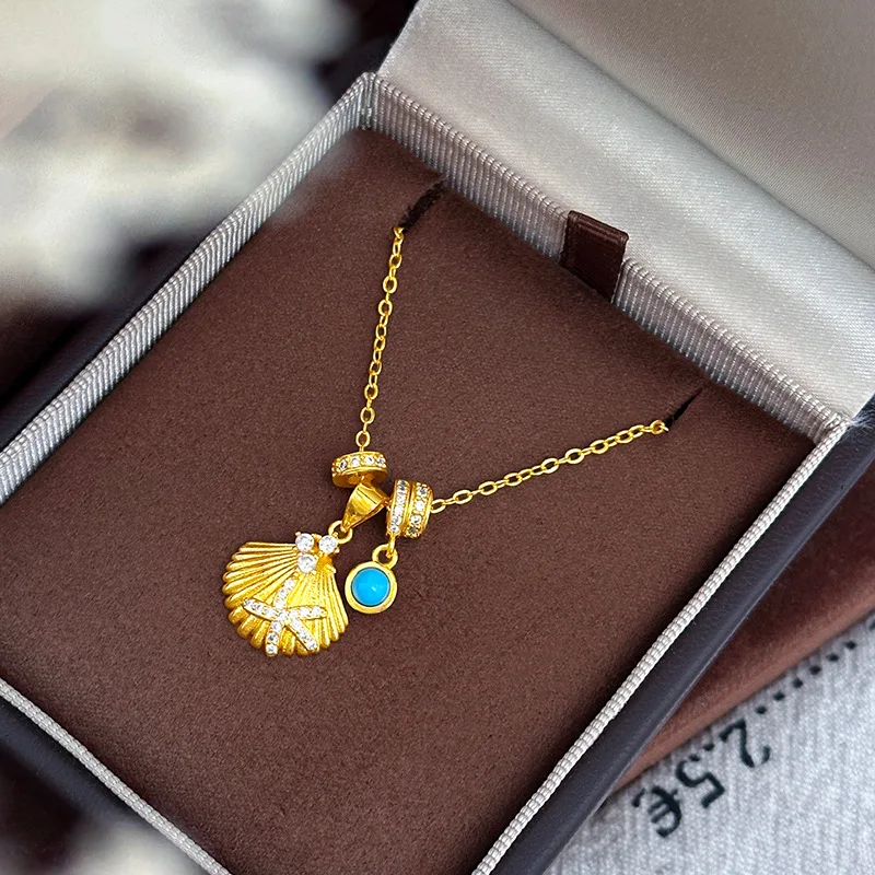 Resort Style Small Round Brand 9999 24K Real Gold Starfish Shell Necklace Niche Exquisite Running Ring High-end Gentle Clavicle