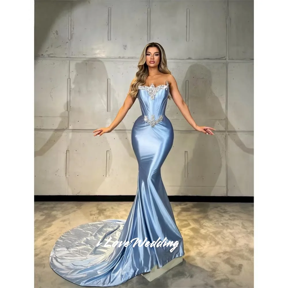 

Blue Strapless Evening Dress 2025 Satin Sleeveless Beads Mermaid Sweep Train Floor-Length Pleated Wedding Party Dress Customized