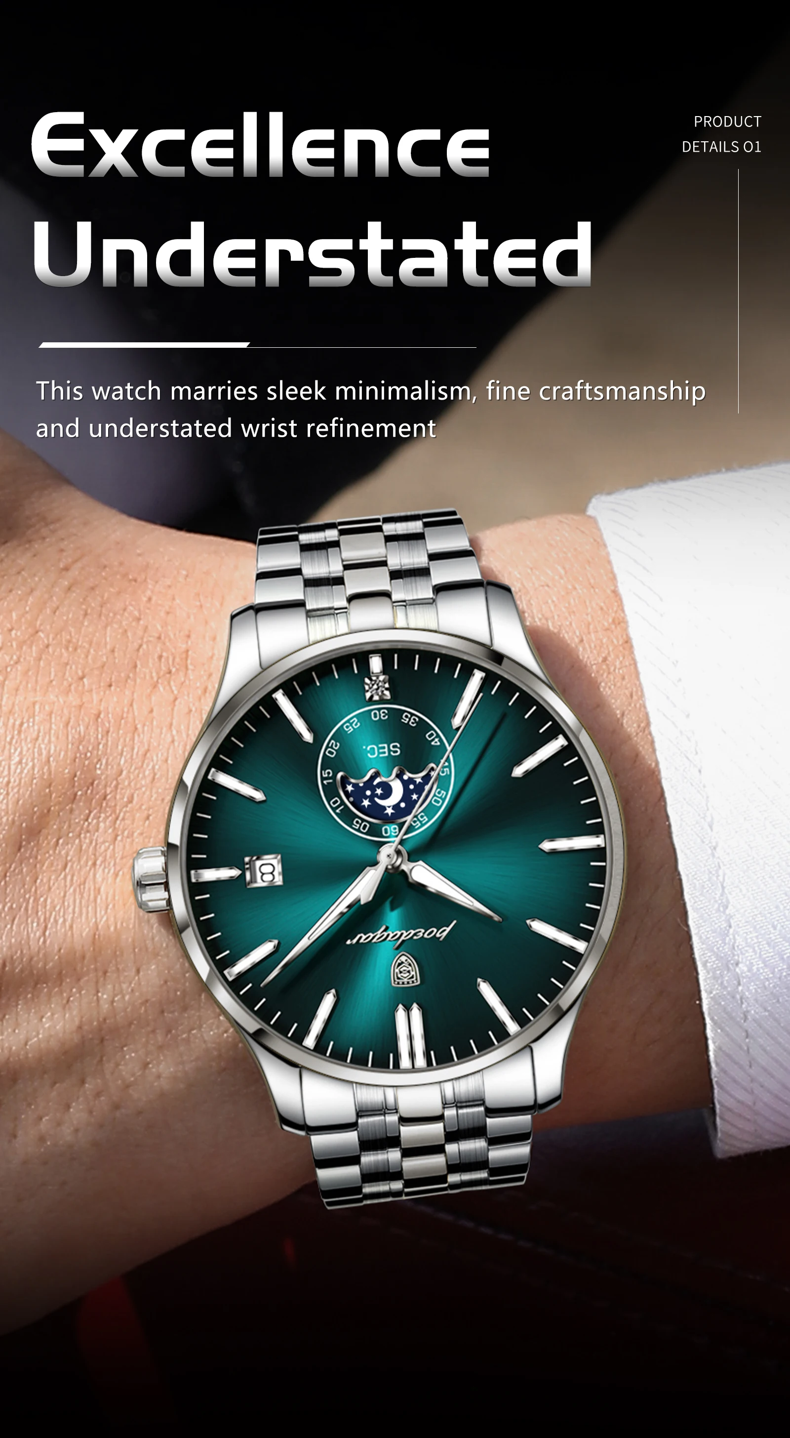 POEDAGAR Top-Luxus-Herrenuhr, Casual Edelstahl Quarz Herren-Armbanduhr, Wasserdicht, Leuchtend, mit Datum, Modische Herrenuhren Reloj – Detail 5