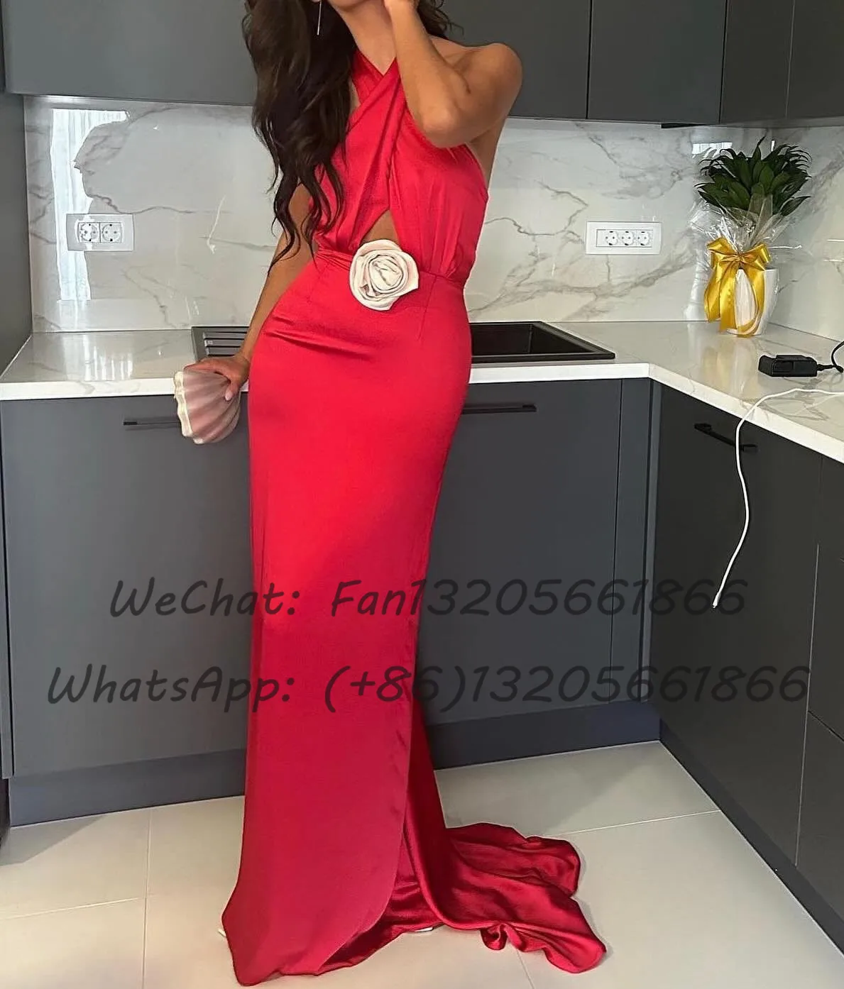 Sexy Halter Cut-out Backless Bridesmaid Dresses Red Long Mermaid Flower Sleeveless Wedding Party Dress For Women Prom Gown