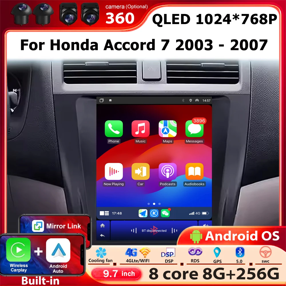 

Android 16 Auto для Honda Accord 7 2003-2007 Автомобильный радиоприемник Мультимедийный видеоплеер GPS-навигация Беспроводной Carplay Головное устройство 9,7 дюйма