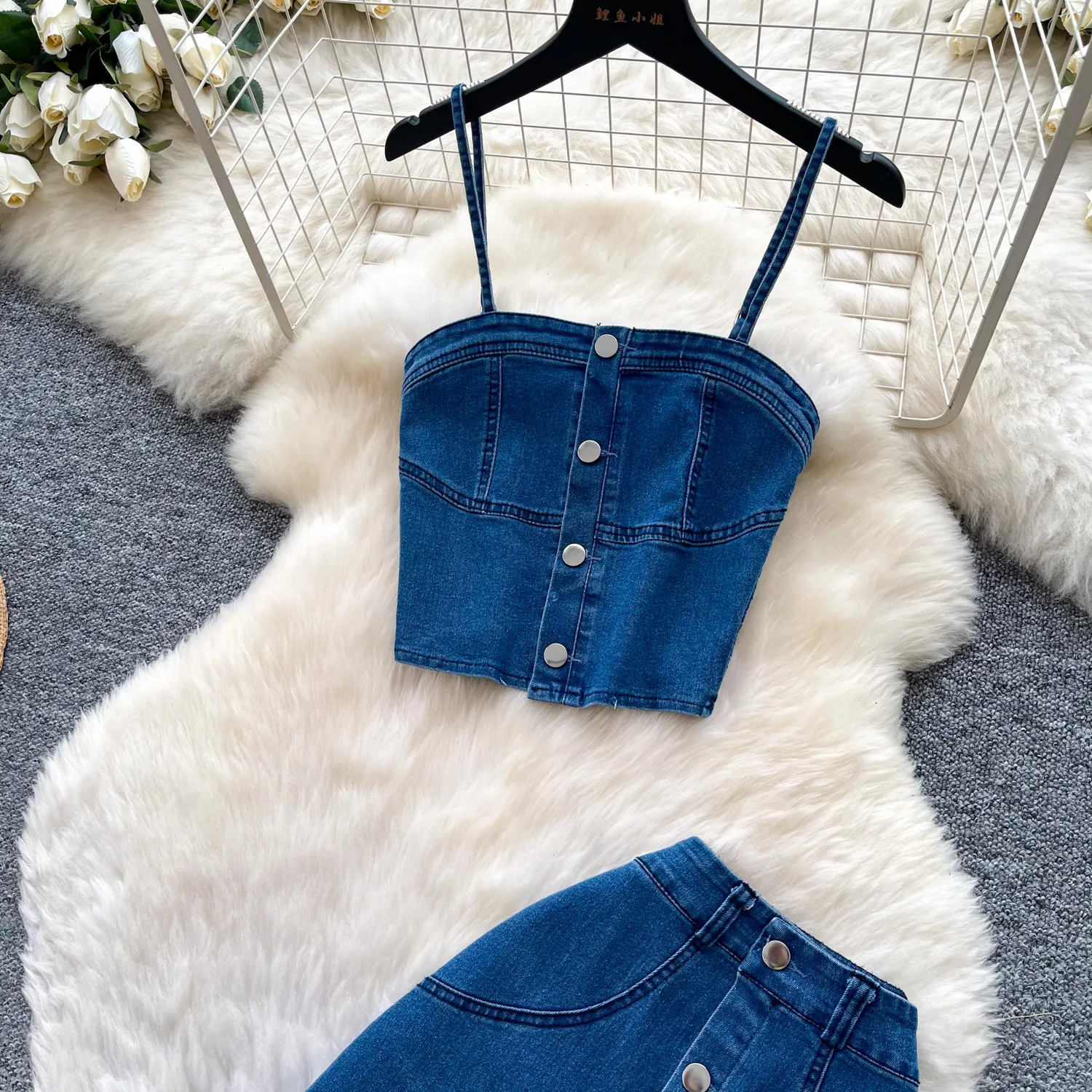French Style Spaghetti Strap Bustier Youthful Two Piece Jeans Matching Outfit Single Breasted Slim Split Skirt Denim Set Woman