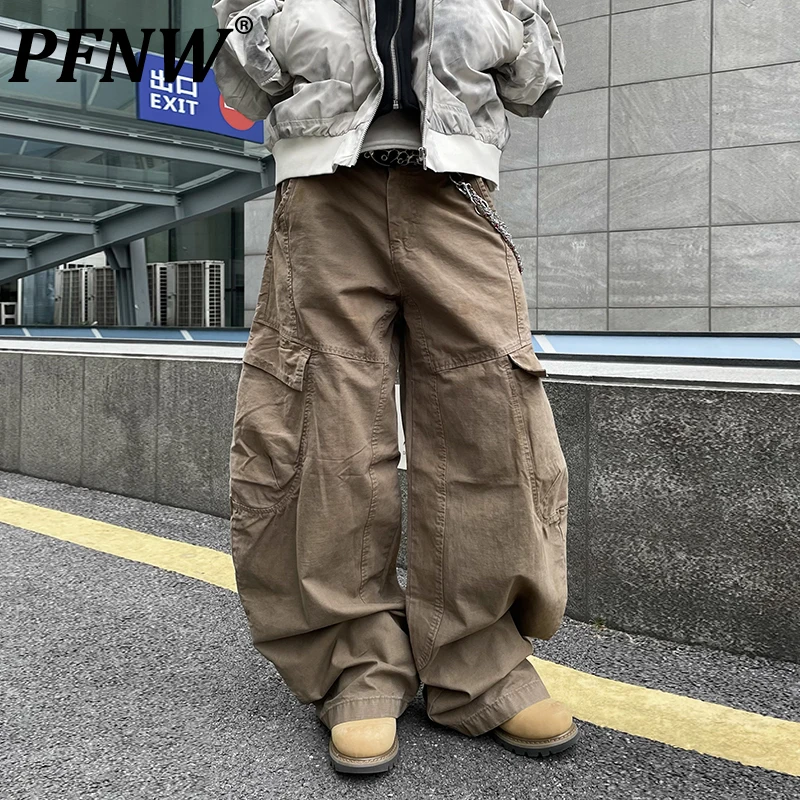 PFNW American Vintage Distressed Multi-pocket Wide-leg Workwear Machete Pants Men's Pleated Loose Casual Khaki Trousers 12C2241