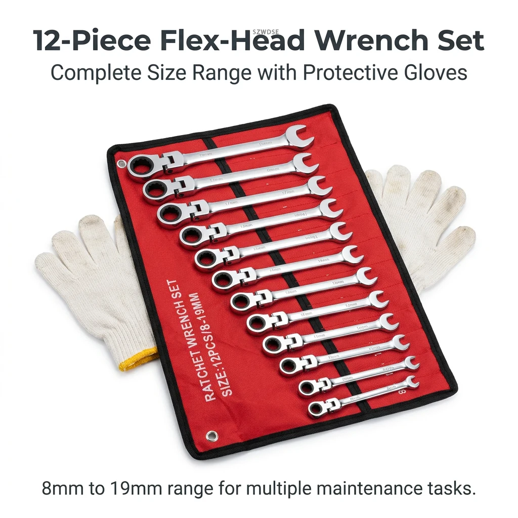 Jeu de clés mixtes à cliquet 8-18 mm, kit de clés mixtes à cliquet à tête flexible métrique avec sac en toile, ensemble d'outils pour atelier mécanique