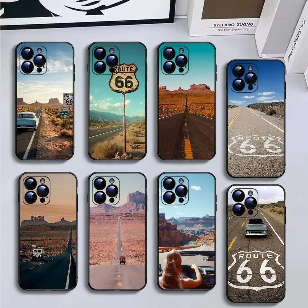

American Route 66 Phone Case For iPhone16,15,14,13,12,11 Plus,Pro Max,XS,X,XR,SE,Mini,8,7,Soft Black Cover