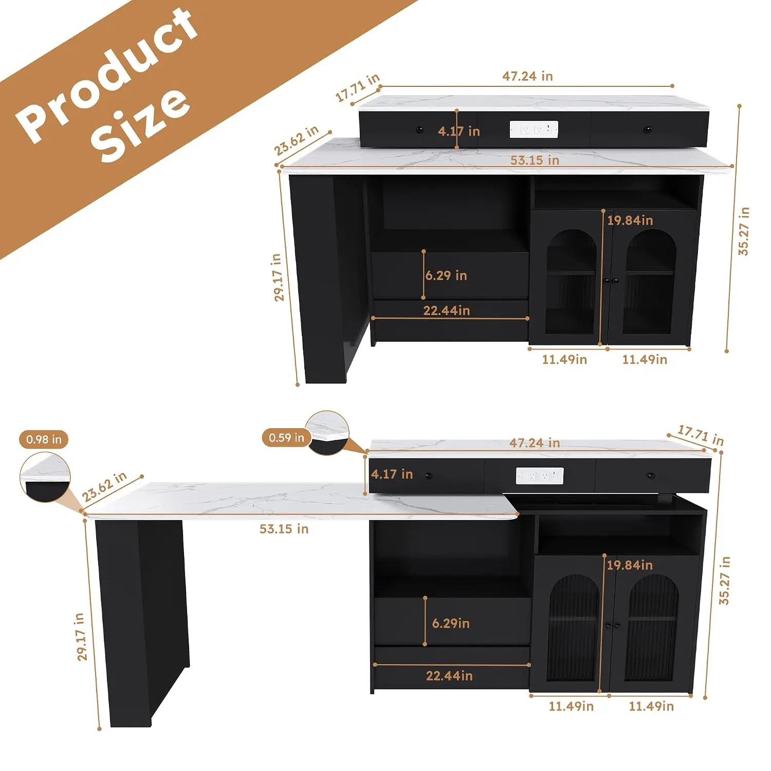 Extendable Rotating Kitchen Island with Drawers Glass Cabinet Socket Expandable Dining Station Space Saving Cart, Customized