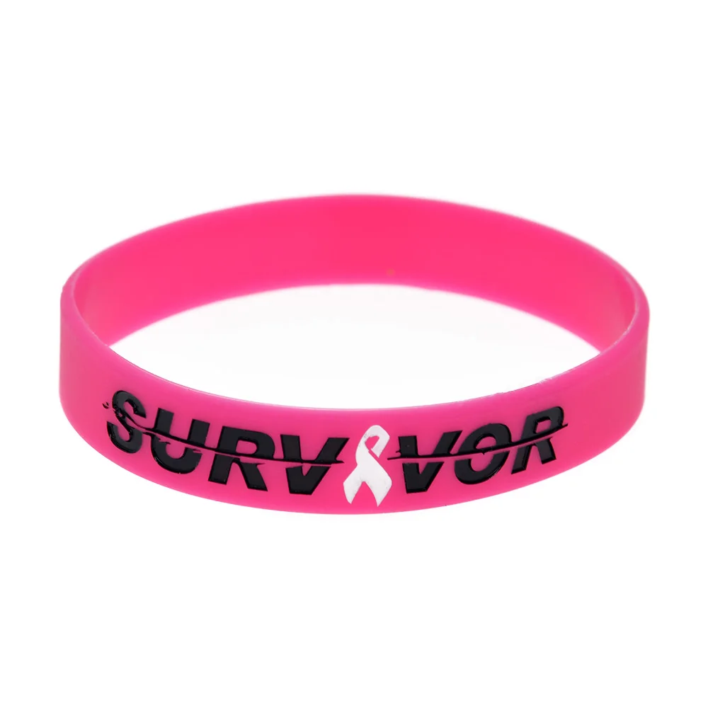 1 PC Survivor Silicone Wristband With Cancer Ribbon Bracelet Pink Inspirational Band Adult Size Bangle