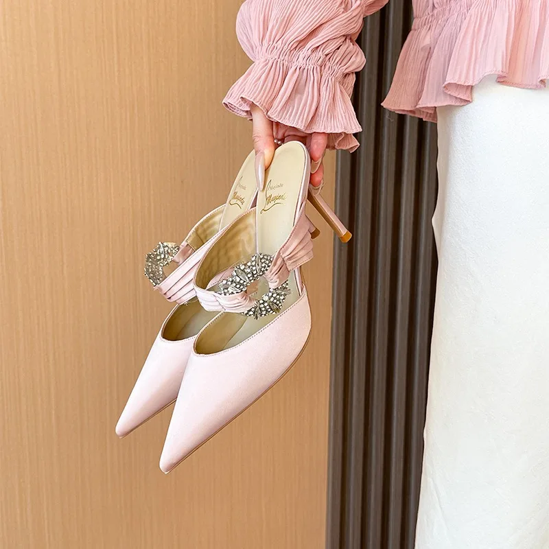 

Women's Black 8cm Pointed Toe Stiletto High Heels 2026 New Fashion Rhinestone Single Strap Open-toe Sandals Women Shoes