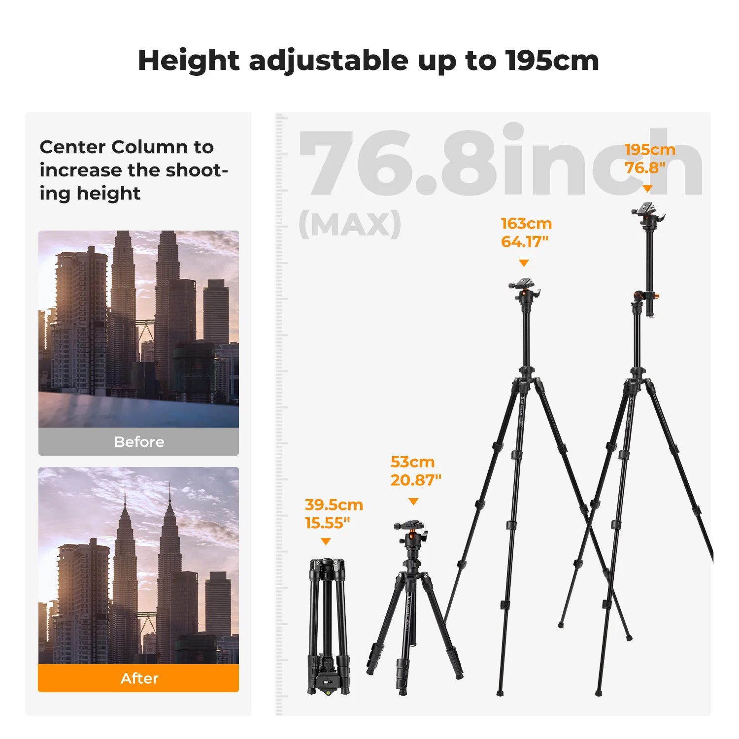 K&F CONCEPT 76인치 카메라 삼각대 회전식 다각도 센터 컬럼 8kg/17.6lb 하중 신형 경량 여행용 야외 DSLR 삼각대