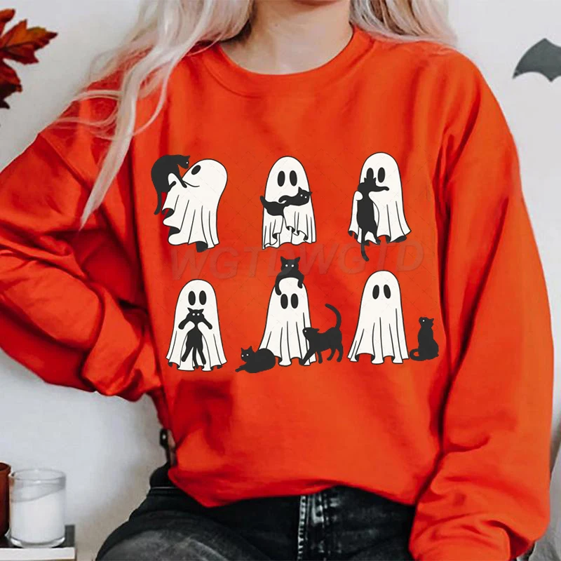 سويت شيرت كبير الحجم برسومات شبح القطط للهالوين، جرافيك مضحك بأكمام طويلة، بلوفرات بمقاسات كبيرة، هدايا الهالوين، ملابس نسائية
