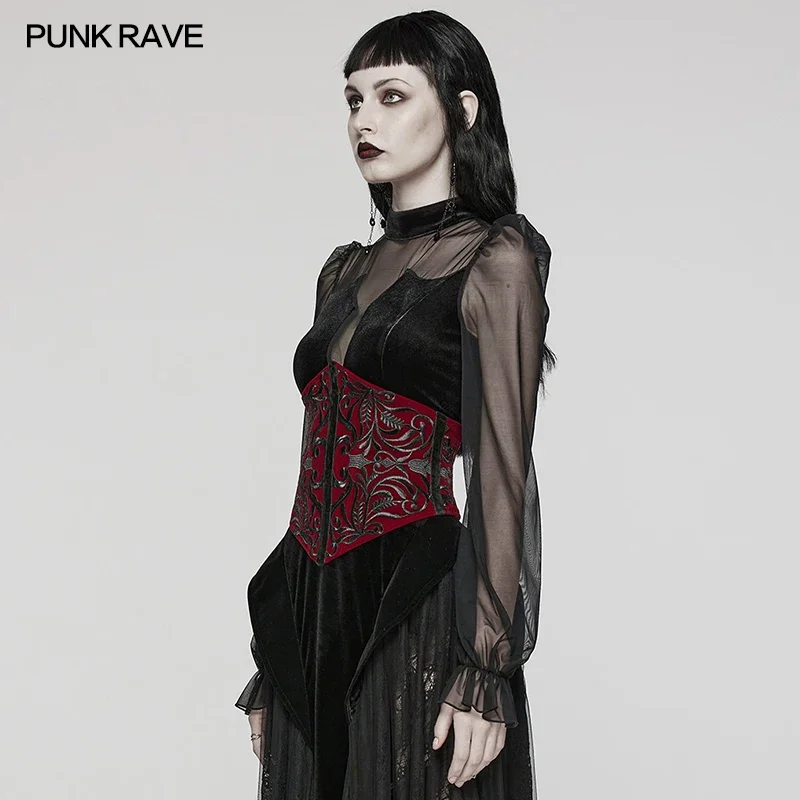 PUNK RAVE Women\'s Gothic Velveteen Embroidery Totem Retro Corset Adjustment Velvet Ribbon Drawstring Accessories Belt 2 Colors