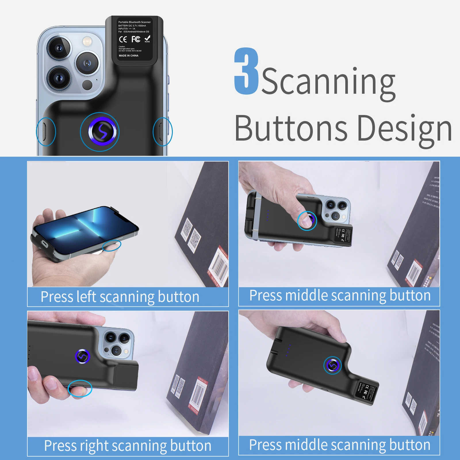 JEESTON BX75 Scanner portatile per codici a barre wireless 2D Clip-on per smartphone