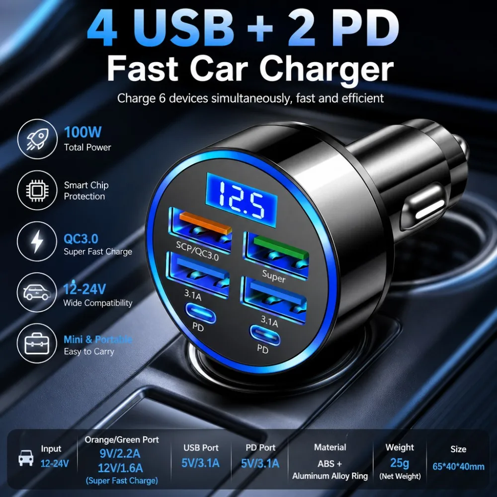 Cargador de coche de 100W y 6 puertos, carga rápida PD Qc3.0, cargador de teléfono USB C, adaptador tipo C para coche, para iPhone, Samsung, Huawei, Xiaomi