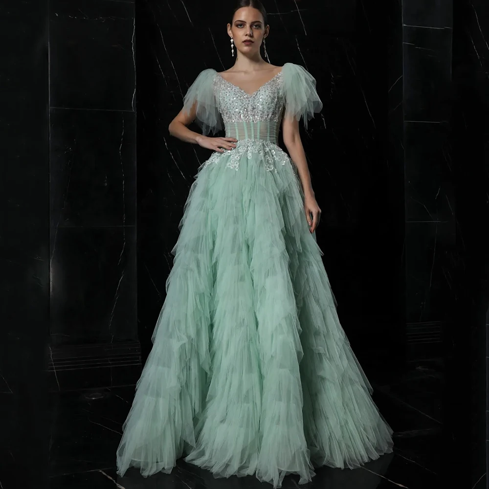

Flechazo Prom Dress V-Neck Short Sleeves Classic A-Line Applique Tulle Floor Length Ladies Luxury Evening Dress Custom Made