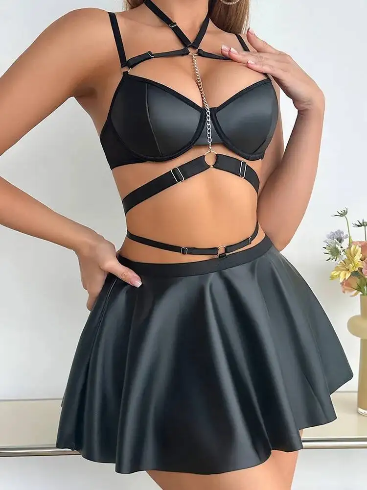 Sexy Backless Diepe V Bretels Mouwloze Jurk Keten Uniform Nachtclub Pittig Meisje Effen Kleur Jurk Pure Desire Charmant HZL1