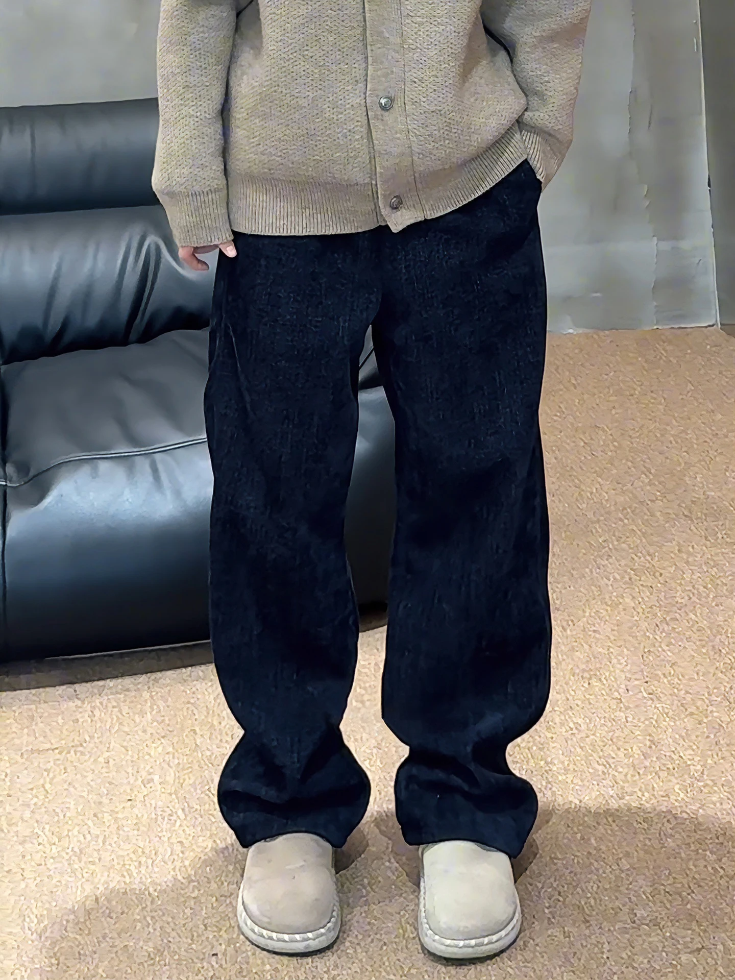 

Deep Blue Fce Lined Casual Men's Jeans Winter Loose Wide Leg Sport Sweatpants American Sle Straight Cut Trousers